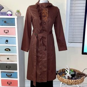 Amazing Sexy Artistic Domain Trench Coat Brown Ruffles Possibly Vintage